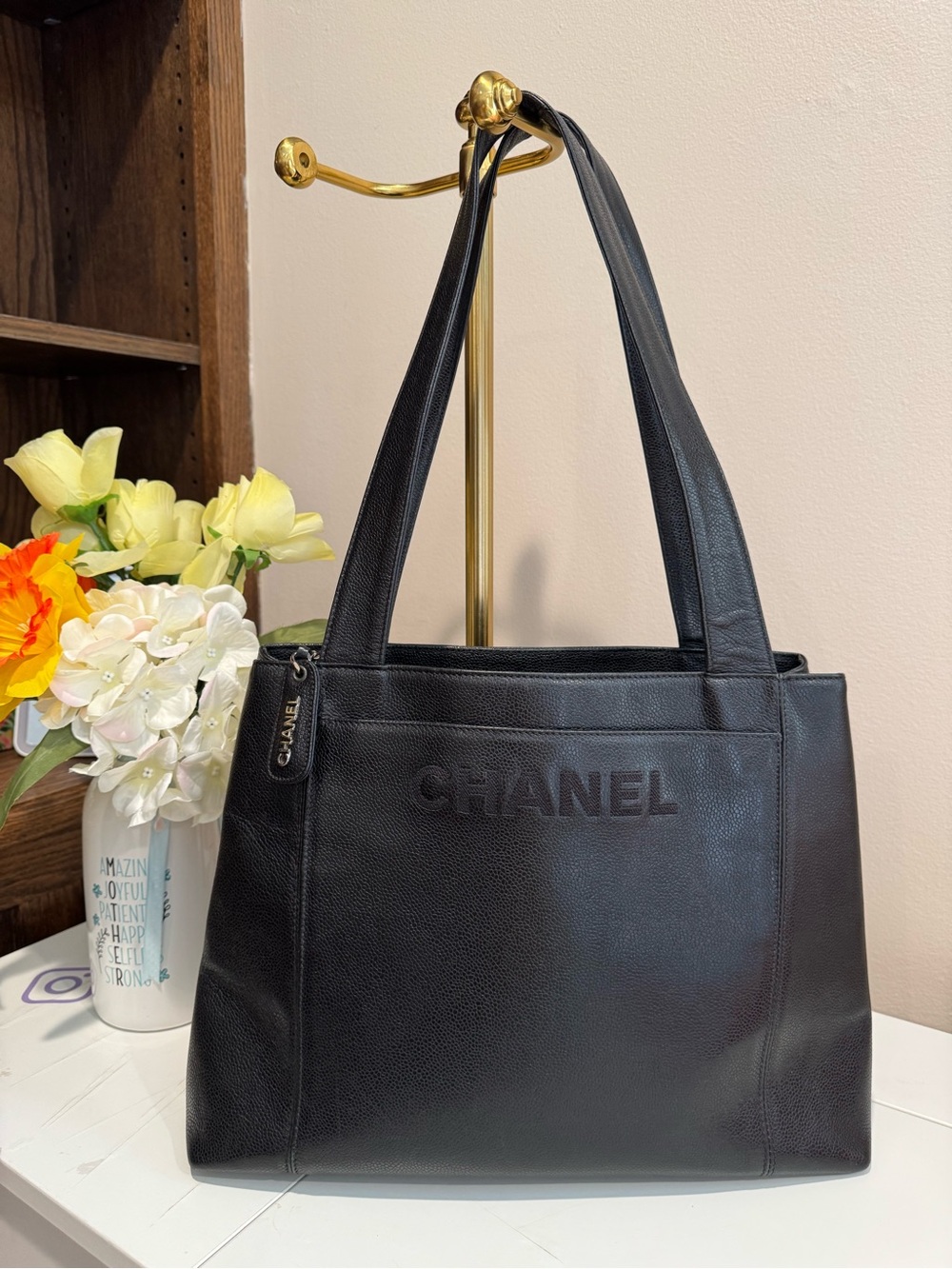 CHANEL Black Pebbled Leather Shoulder Tote - Picture 2 of 13